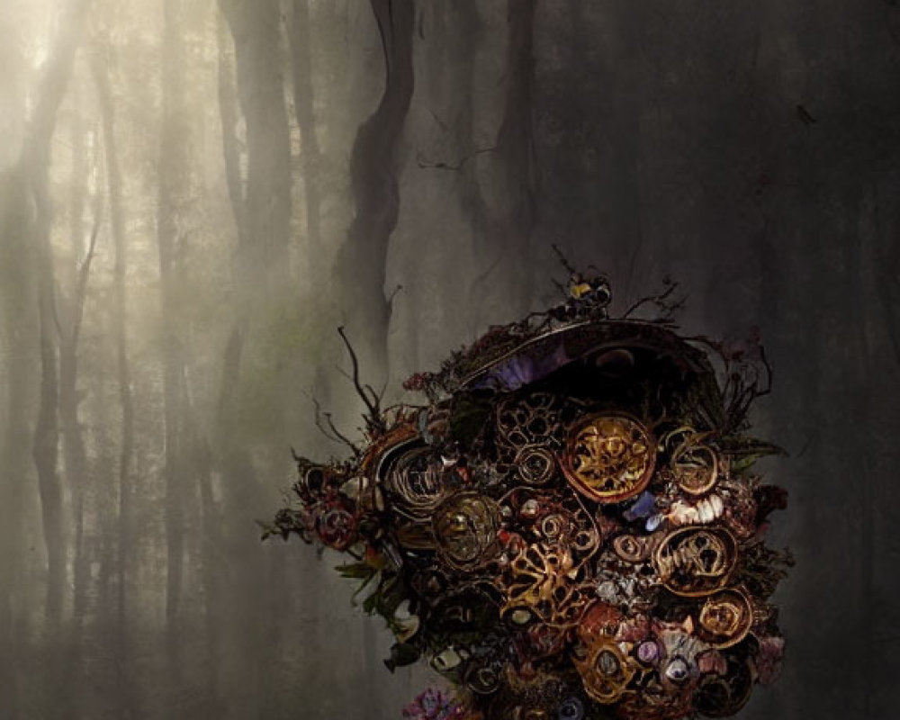 Mysterious misty forest with floral and mechanical entity