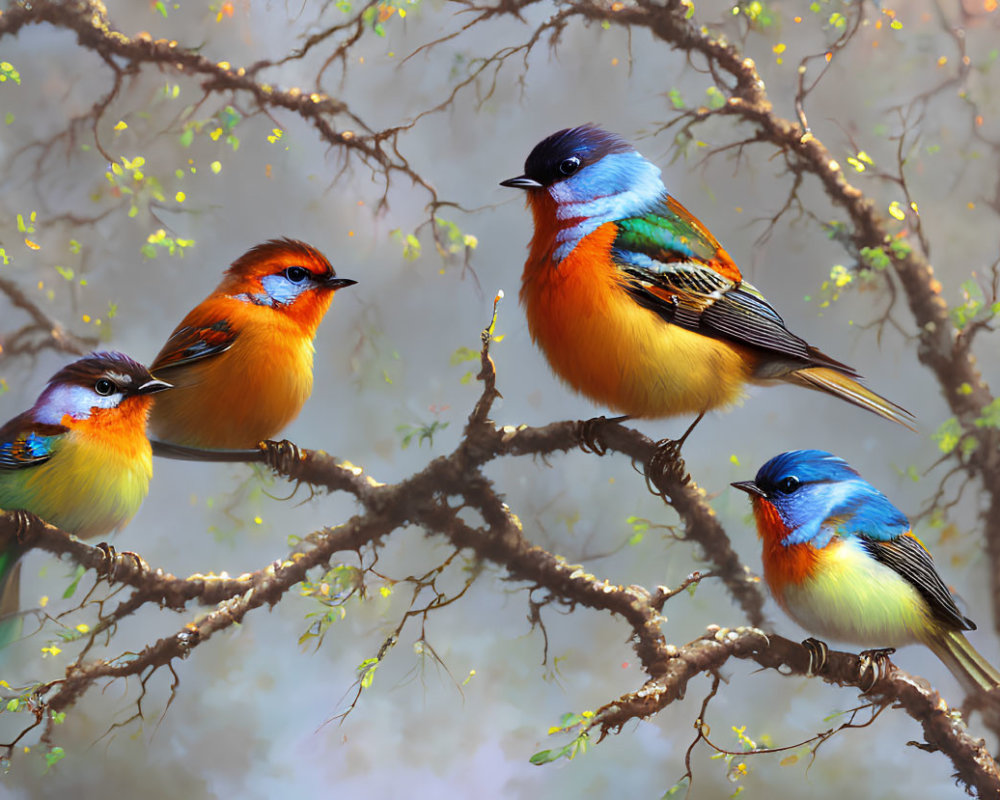 Colorful Birds Perched on Branch with Budding Leaves in Misty Background