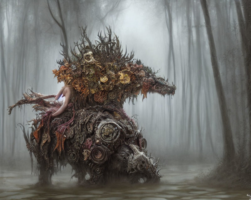 Leafy Branch Creature with Nude Human Figure in Misty Forest