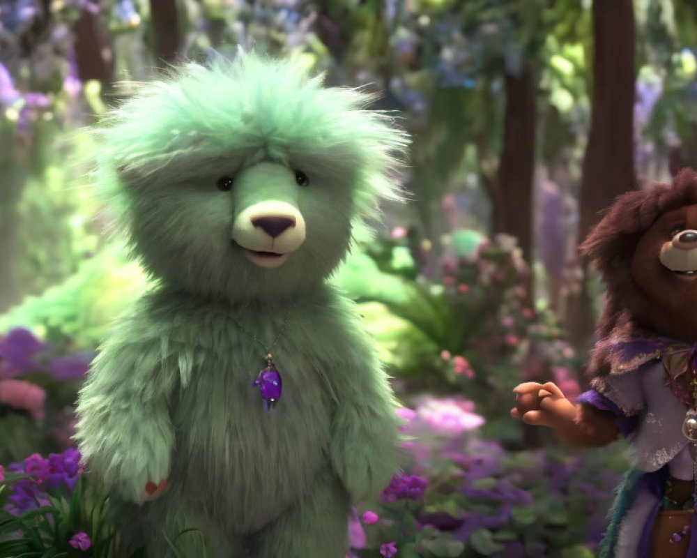 Fluffy Green Bear with Purple Gem Necklace Beside Brown Bear in Woodland