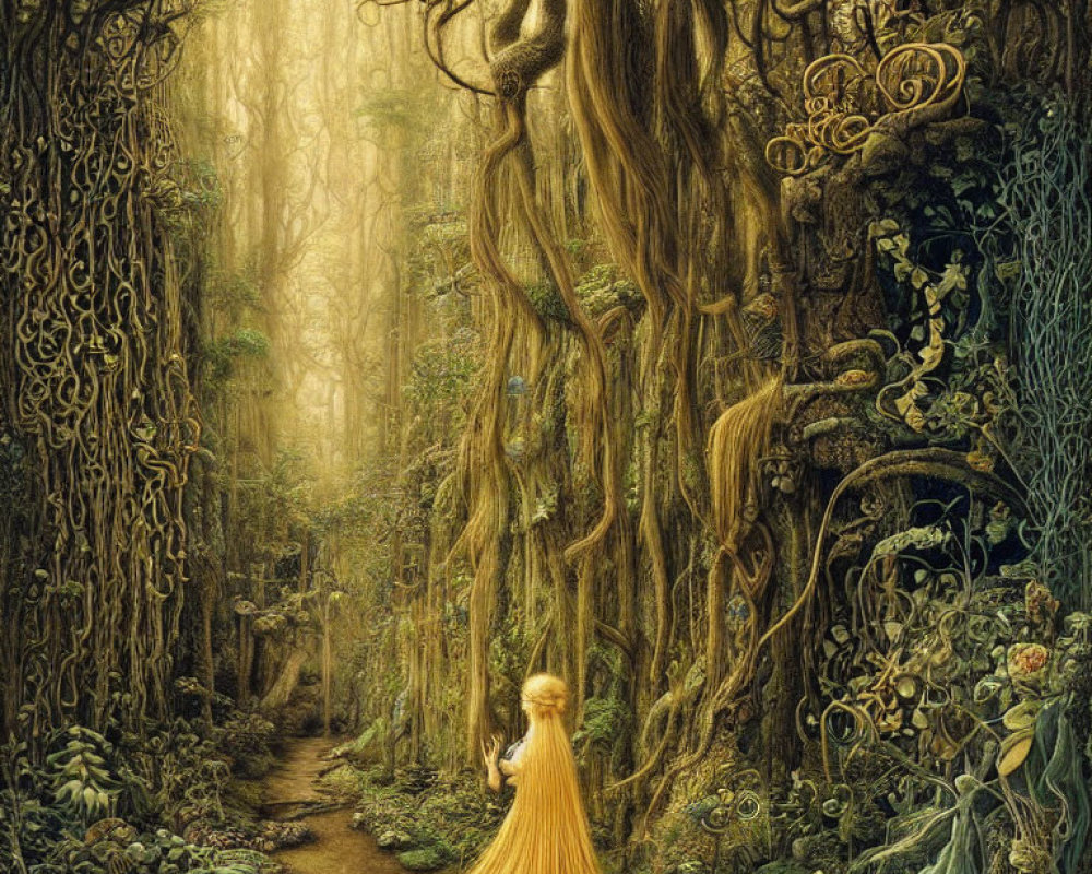 Woman in long golden dress in mystical forest with intricate trees.