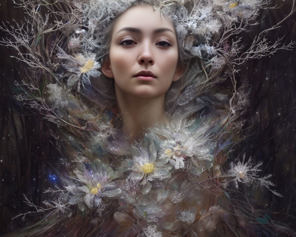 Serene woman surrounded by delicate flowers and feathers