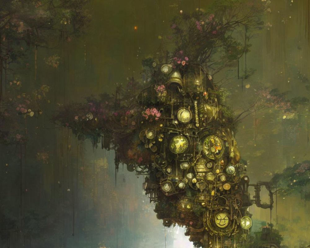 Fantastical floating island with lush greenery and numerous clocks in misty forest