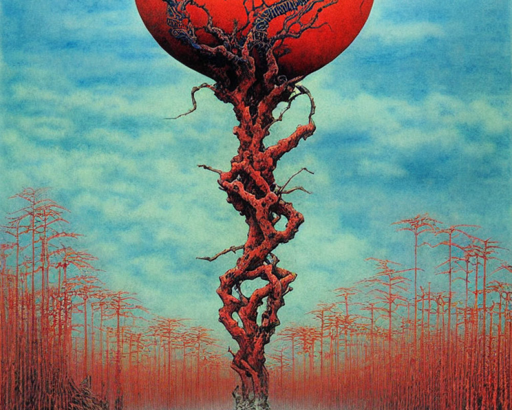 Red Sphere on Organic Structure with Trees and Sky