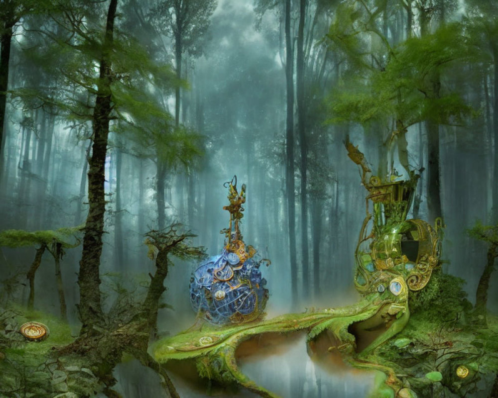 Misty forest scene with vibrant trees and clockwork machine