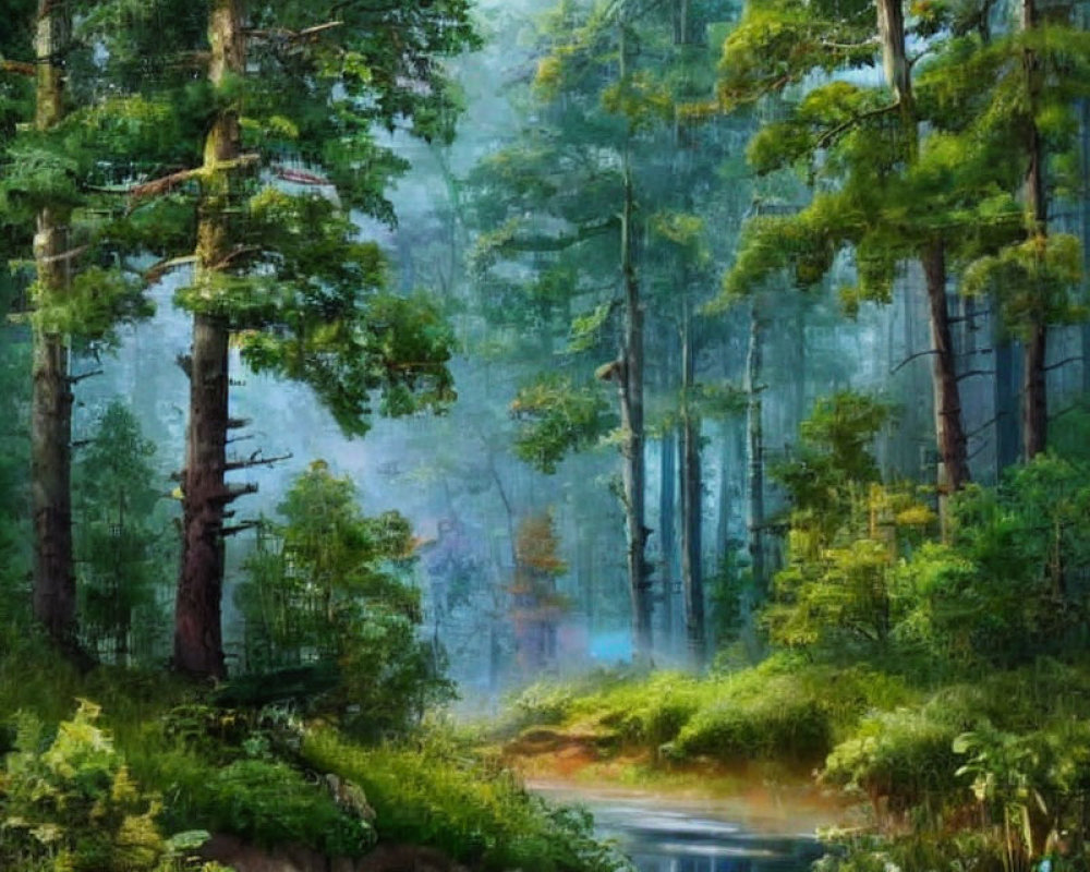 Misty forest scene with tall pine trees and lush greenery