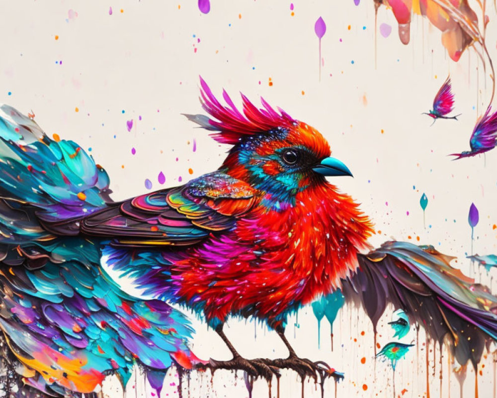 Colorful Bird Painting with Red and Blue Plumage and Dynamic Splashes of Paint