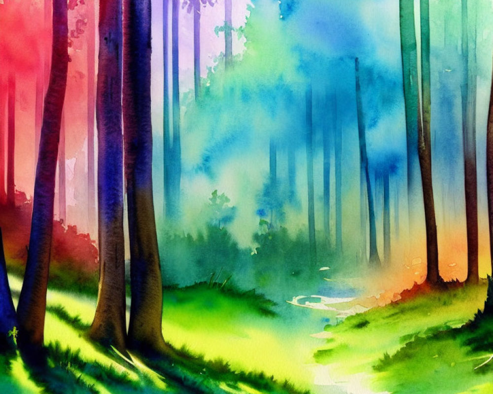 Vibrant watercolor painting of colorful forest path