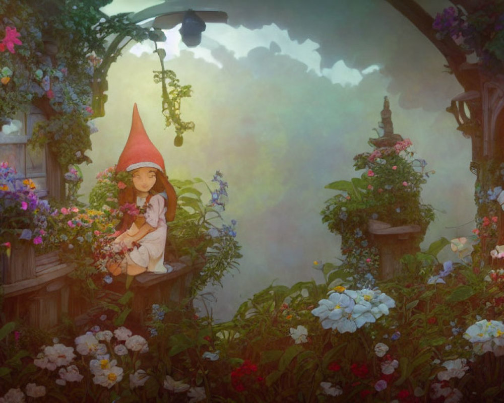 Whimsical garden illustration with vibrant flowers and gnome figures