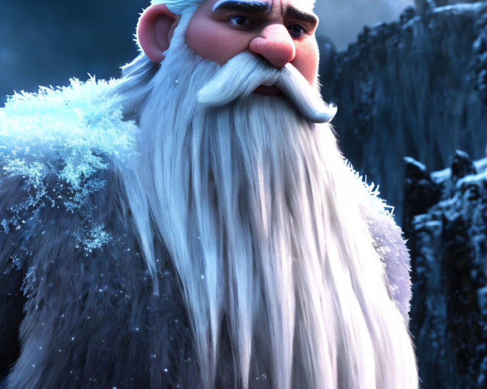 White-bearded mythical character in snowy mountain scene
