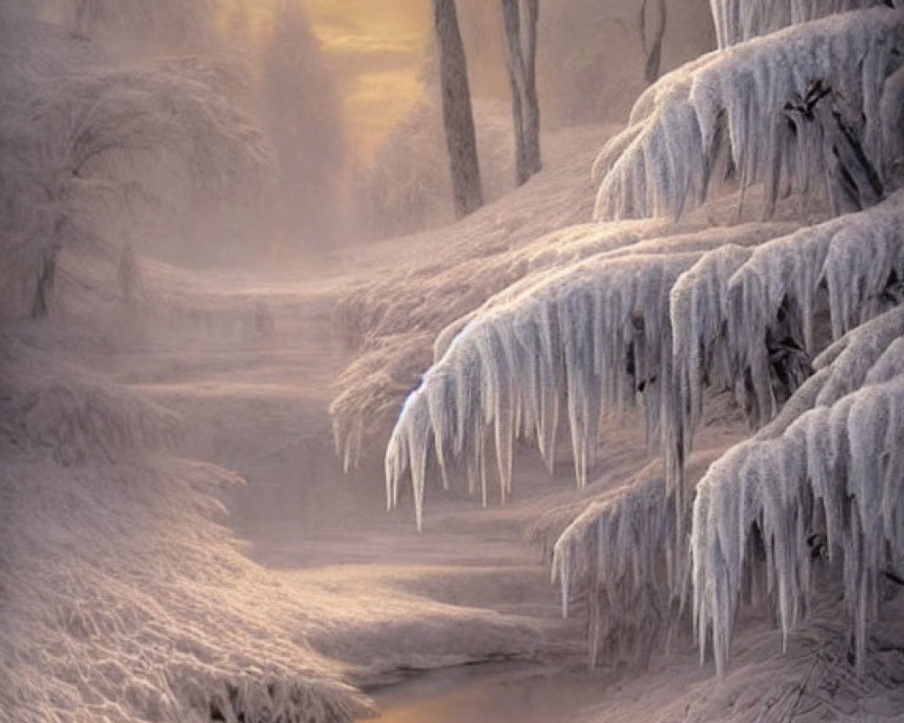 Snowy Winter Landscape with Frost-Covered Trees and Creek