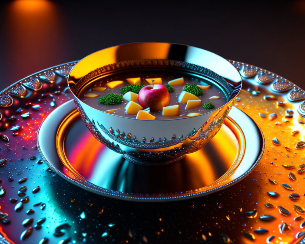 Colorful surreal image: silver bowl with reflective liquid, apple, cubes, neon lights, water dro