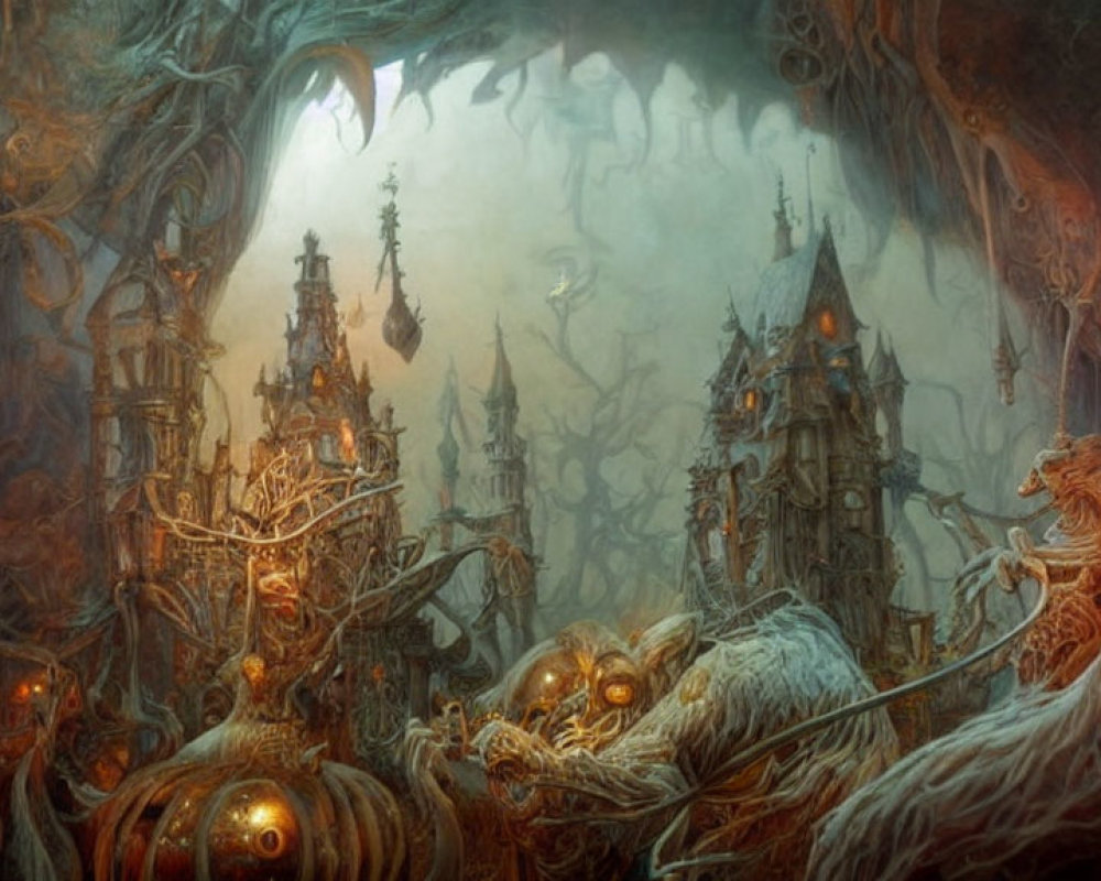 Fantastical eerie landscape with gothic towers and lion-like creature