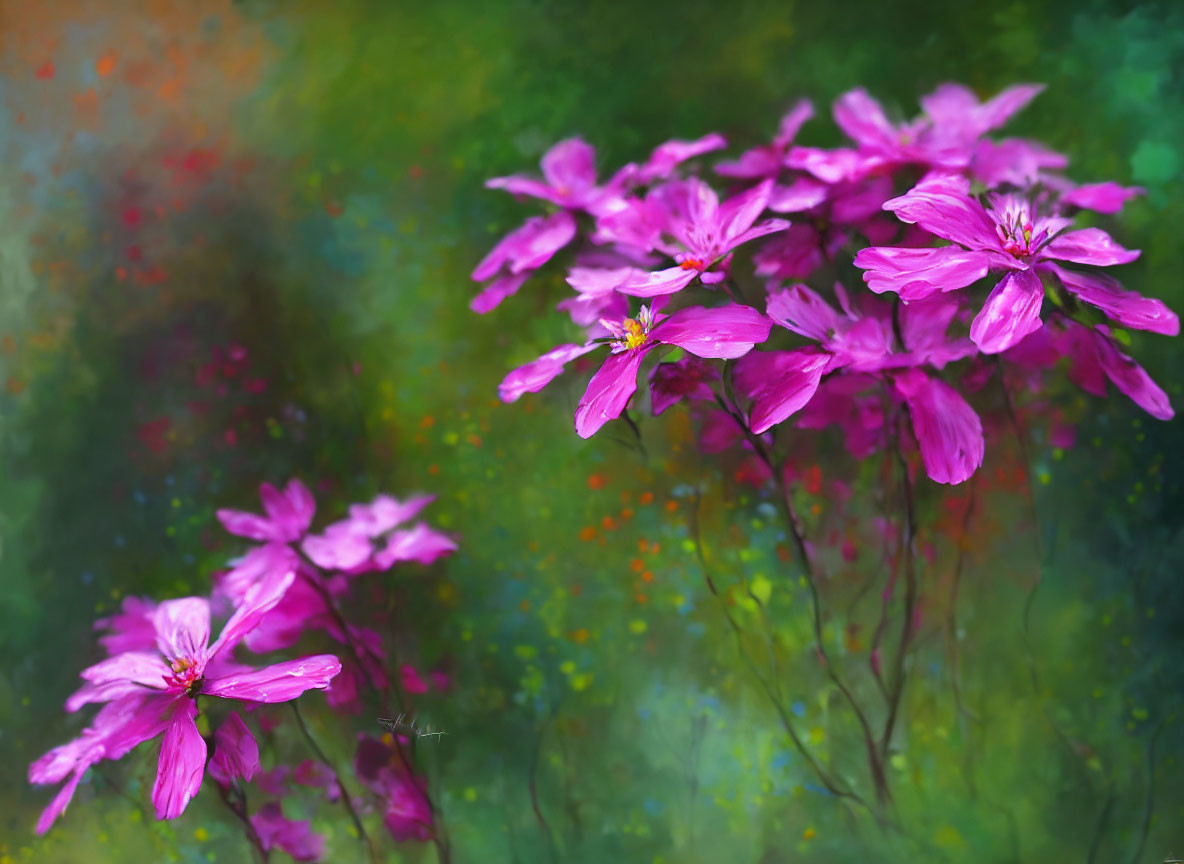 Delicate pink flowers in vibrant painting with blurred green background