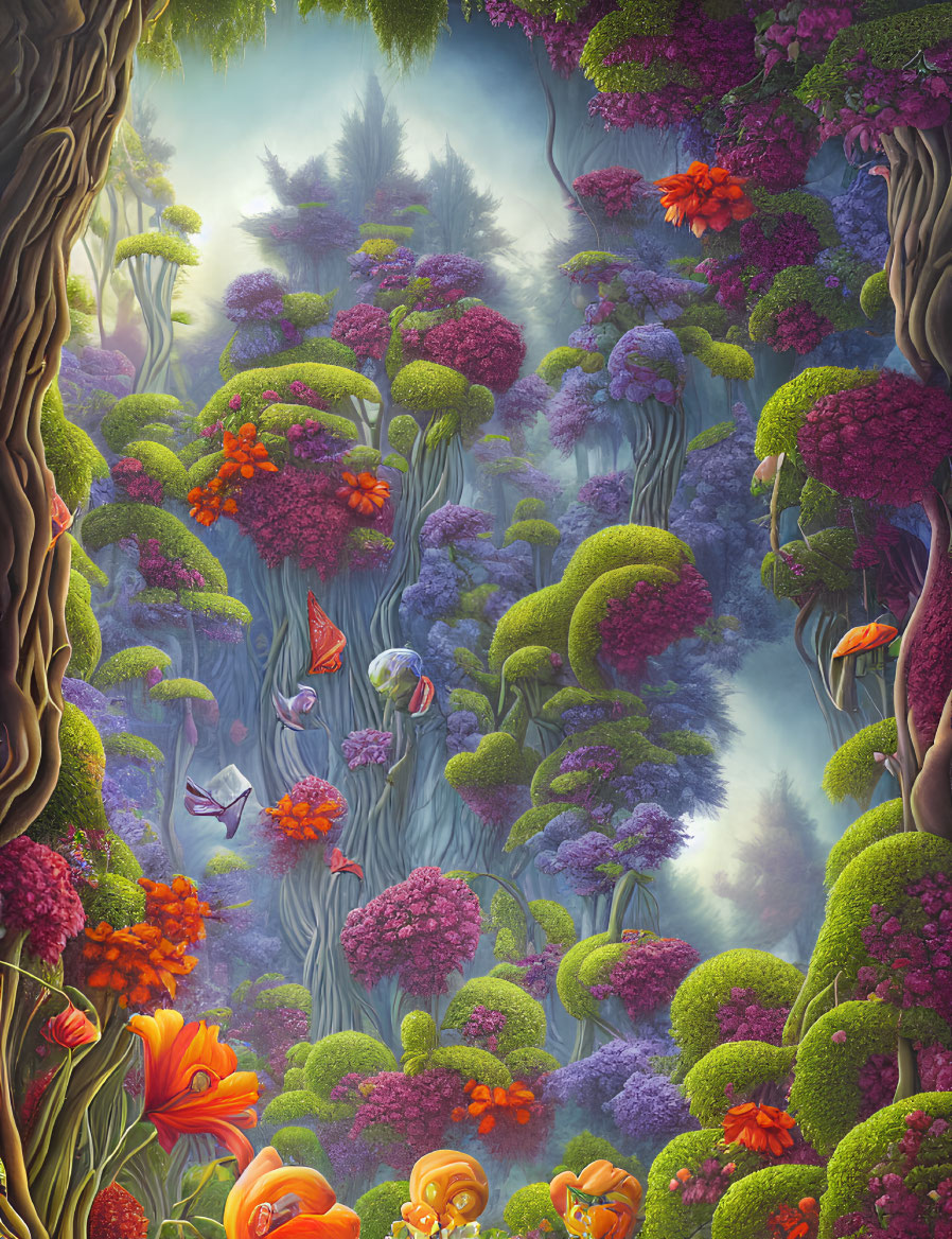 Colorful Fantastical Forest with Floating Islands and Butterflies