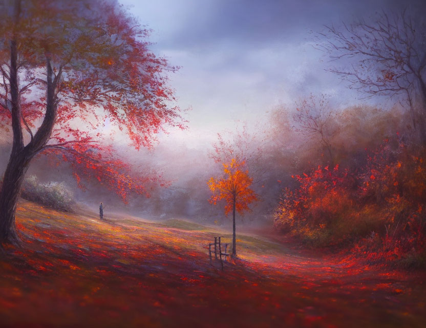 Misty autumn landscape with red and orange foliage and lone figure walking