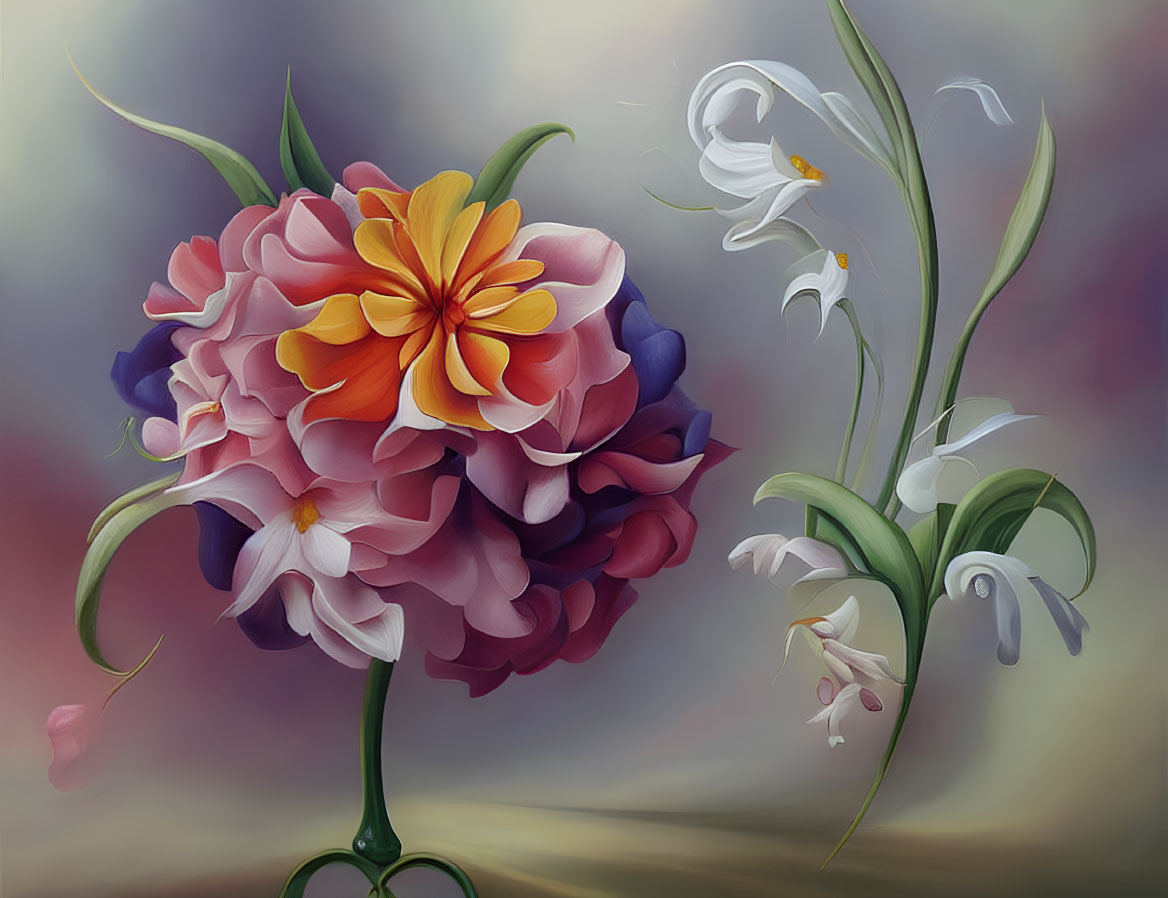 Colorful painting of large pink flower and white lilies