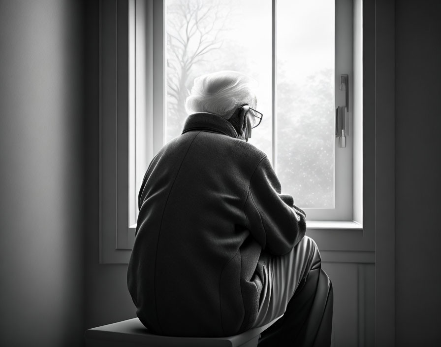 Elderly person with glasses looking out window on overcast day