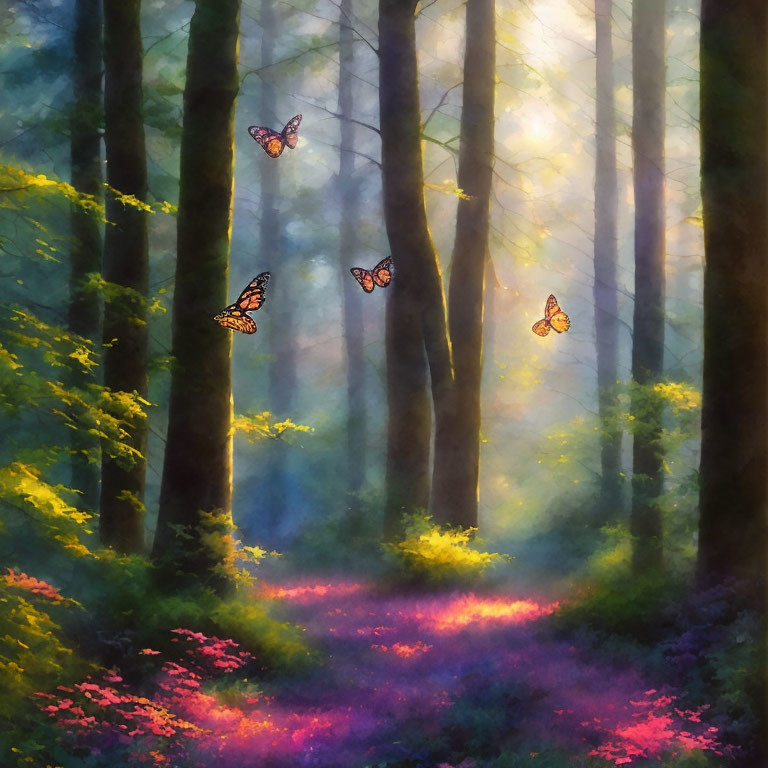 Enchanting forest scene with sunlight, butterflies, and vibrant foliage