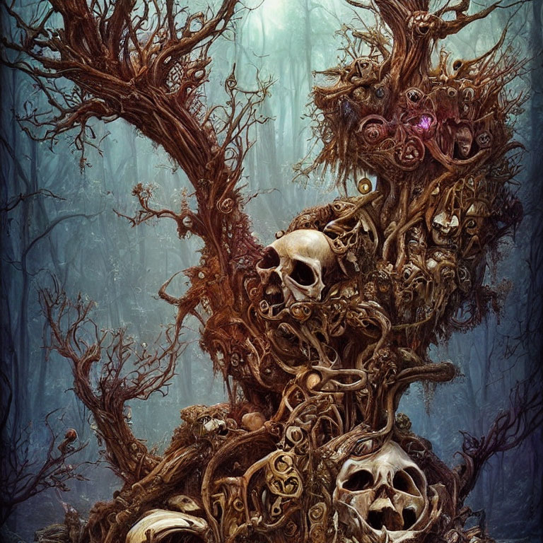 Dark forest scene with twisted trees and eerie stack of skulls and faces merged into wood