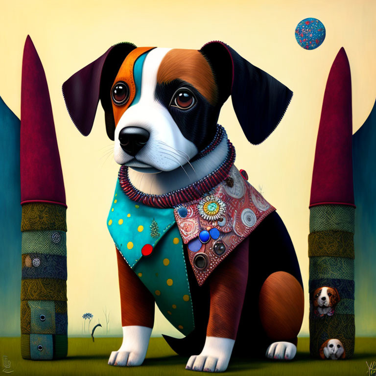 Colorful digital artwork: Stylized beagle puppy with patchwork collar in abstract tree setting