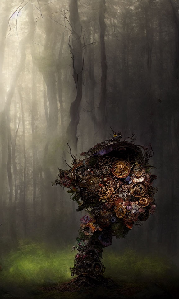 Mysterious misty forest with floral and mechanical entity