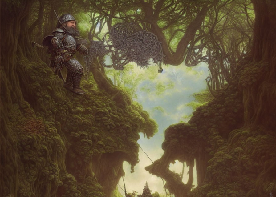 Knight in Armor Explores Mystical Forest with Monolith