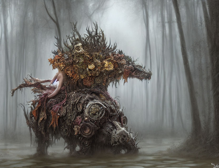 Leafy Branch Creature with Nude Human Figure in Misty Forest