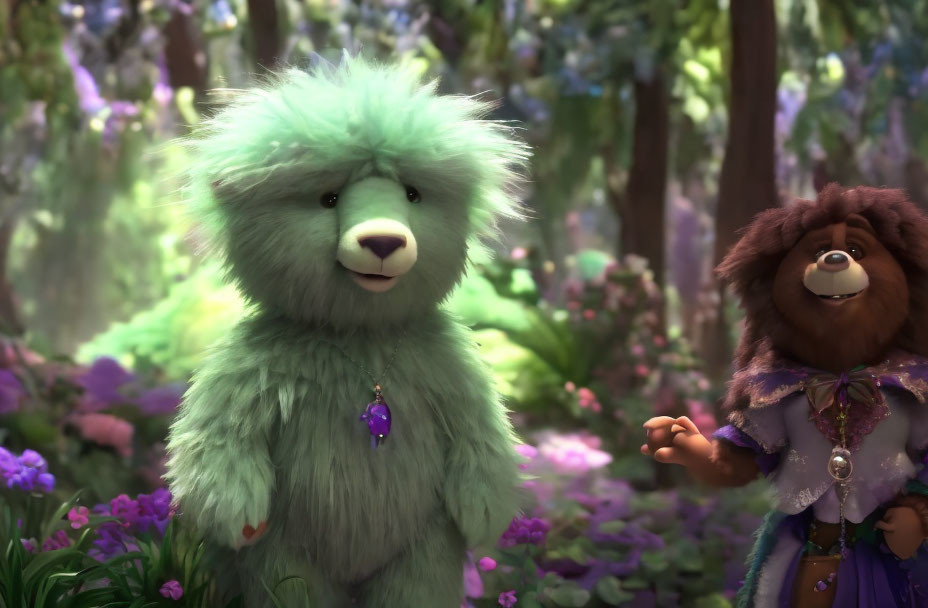 Fluffy Green Bear with Purple Gem Necklace Beside Brown Bear in Woodland