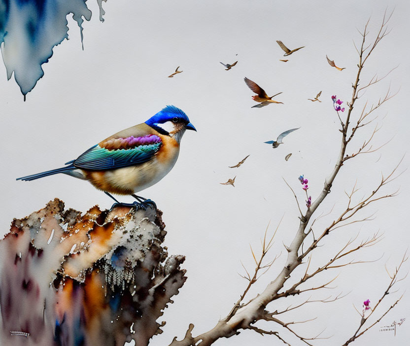 Colorful Bird Painting with Blossoming Flowers and Flying Birds