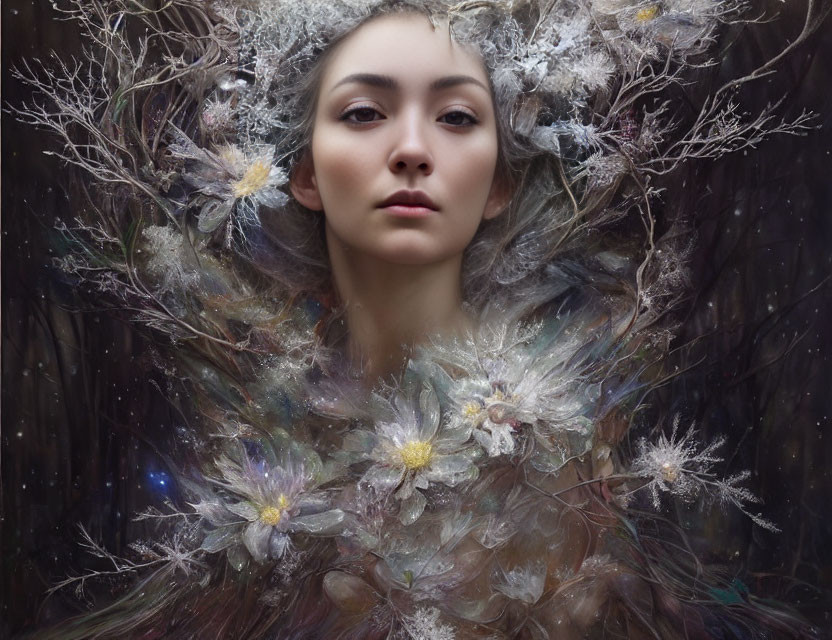 Serene woman surrounded by delicate flowers and feathers