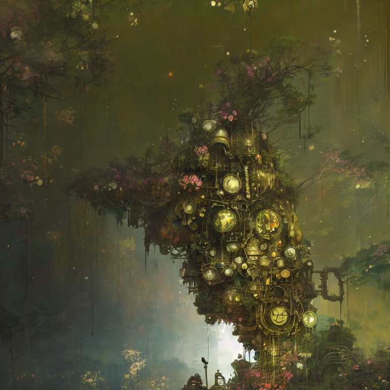 Fantastical floating island with lush greenery and numerous clocks in misty forest