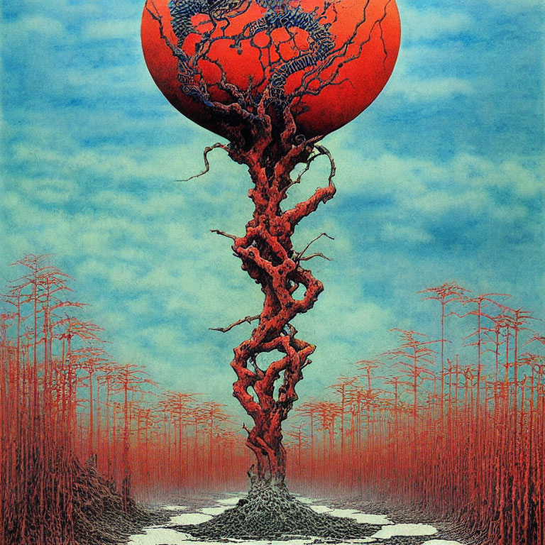 Red Sphere on Organic Structure with Trees and Sky