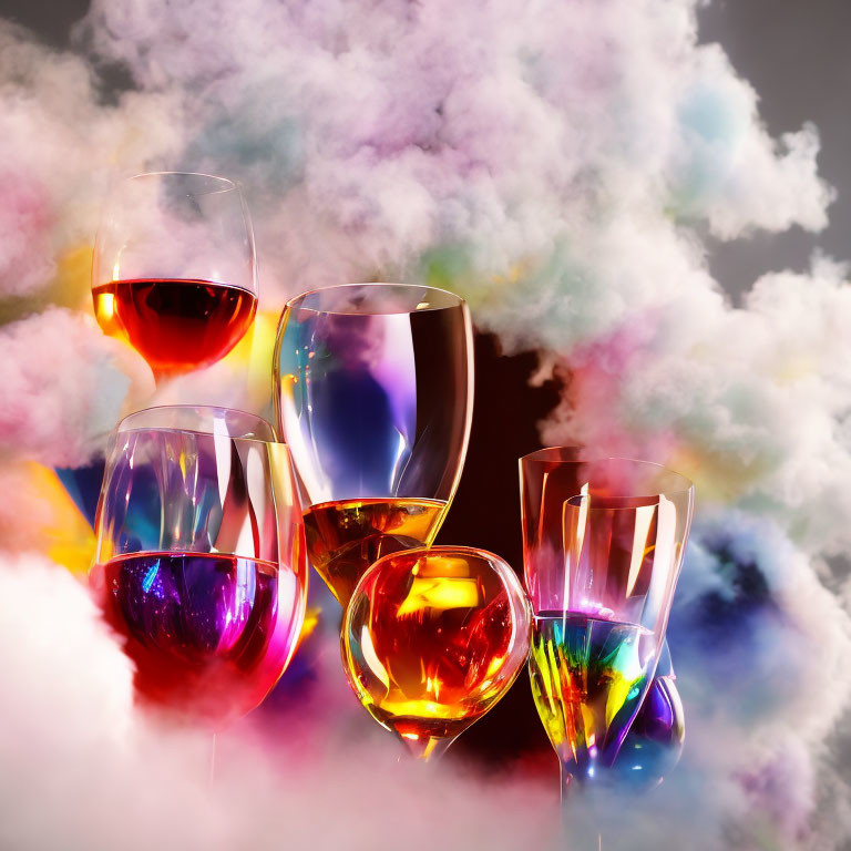 Vibrant liquids in colorful glasses with clouds, reflecting light.