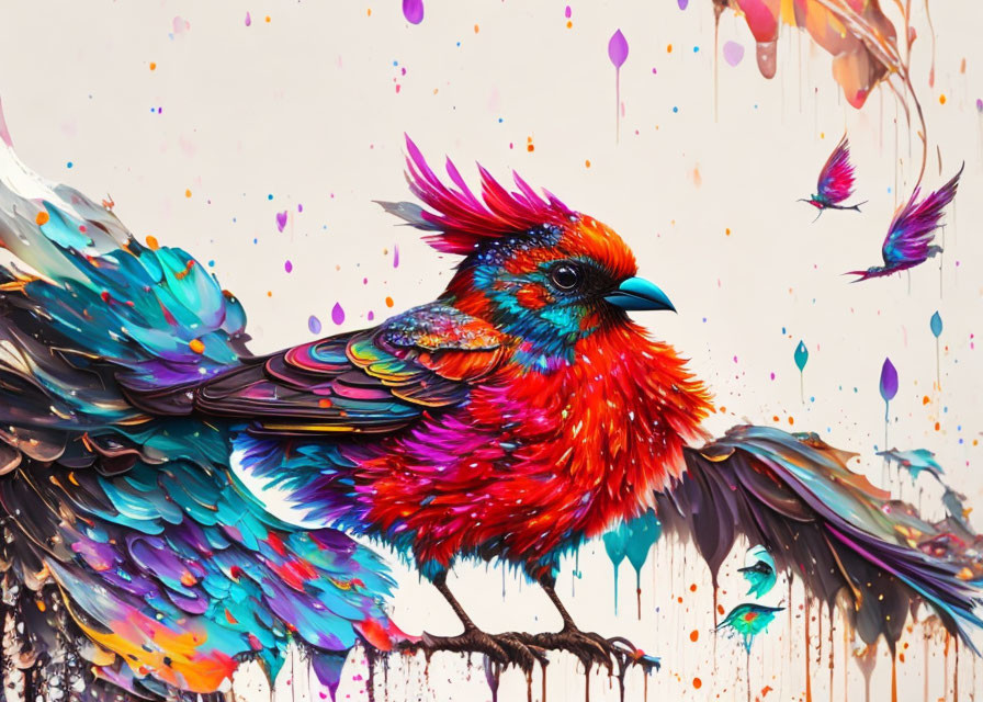 Colorful Bird Painting with Red and Blue Plumage and Dynamic Splashes of Paint