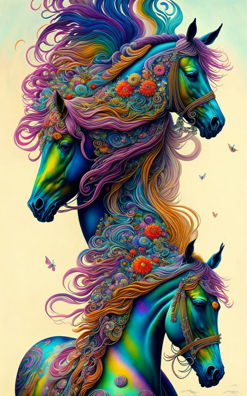 Colorful artwork featuring two stylized horses with floral and butterfly motifs