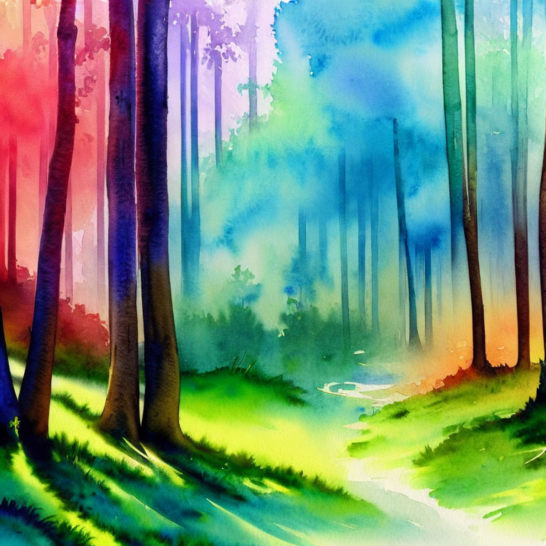 Vibrant watercolor painting of colorful forest path