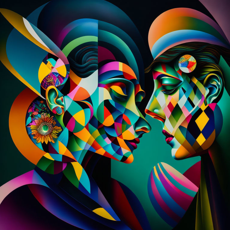 Colorful Abstract Artwork Featuring Stylized Faces in Geometric Patterns