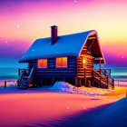 Seaside wooden cabin with glowing windows at sunset