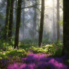 Fantastical forest with oversized mushrooms and vibrant purple flora