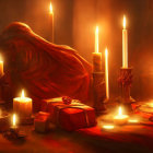 Gothic chamber with candlelight, red cloth, and rocky surfaces