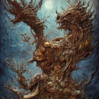 Dark forest scene with twisted trees and eerie stack of skulls and faces merged into wood