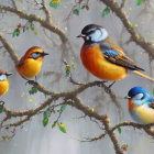 Colorful Birds Perched on Branch with Budding Leaves in Misty Background