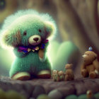 Colorful fantasy forest scene with fluffy teddy bear and green bow tie