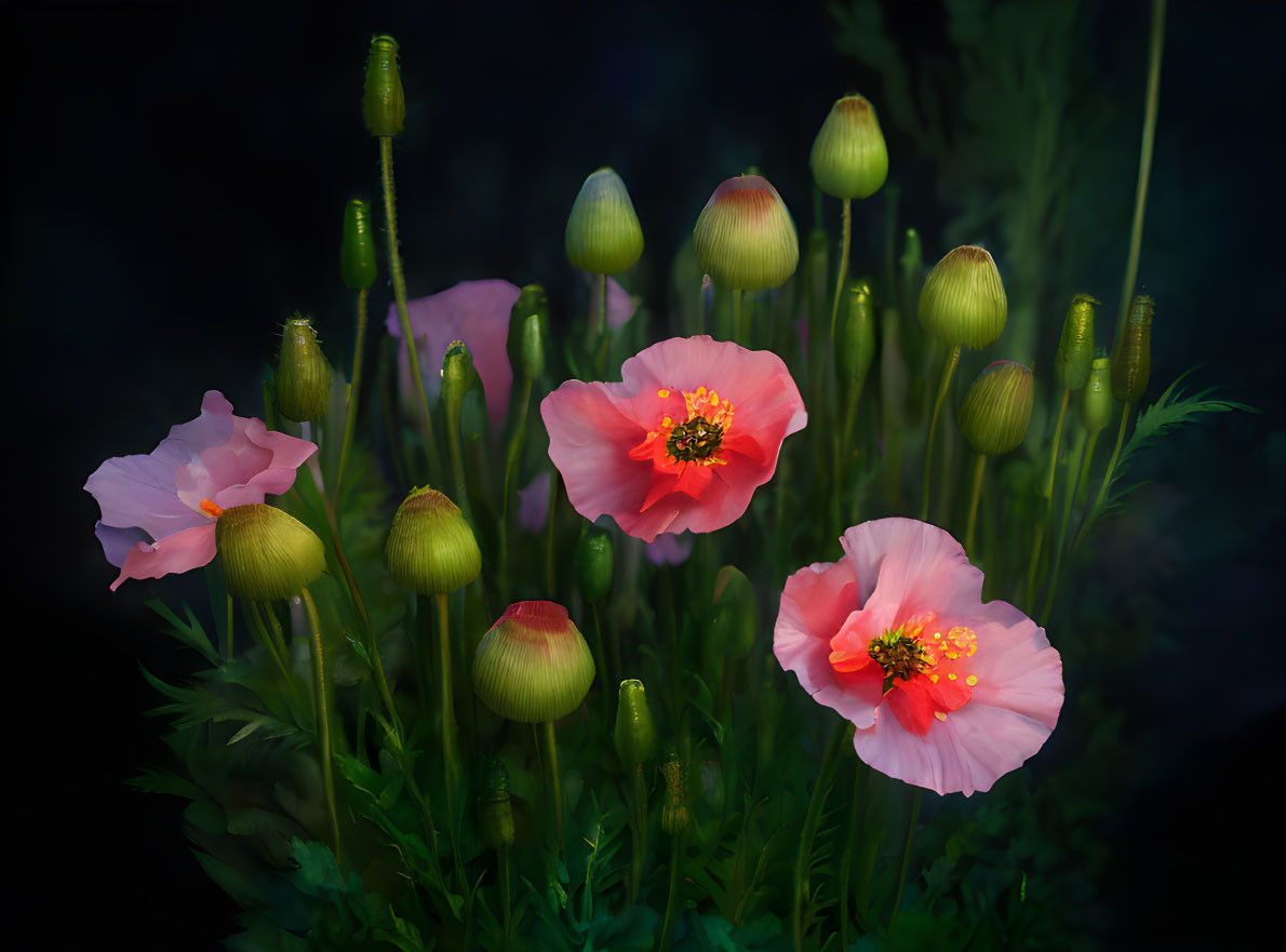 Colorful Poppy Flowers with Pink Petals and Yellow Stamens on Dark Background