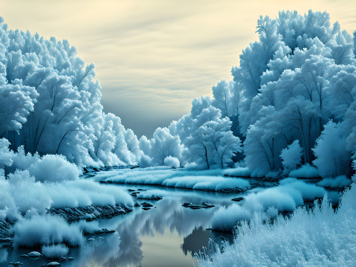 Frost-covered winter landscape with calm river in cool blue tones