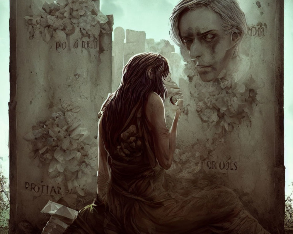 Illustration of person mourning at gravestone in decrepit setting.