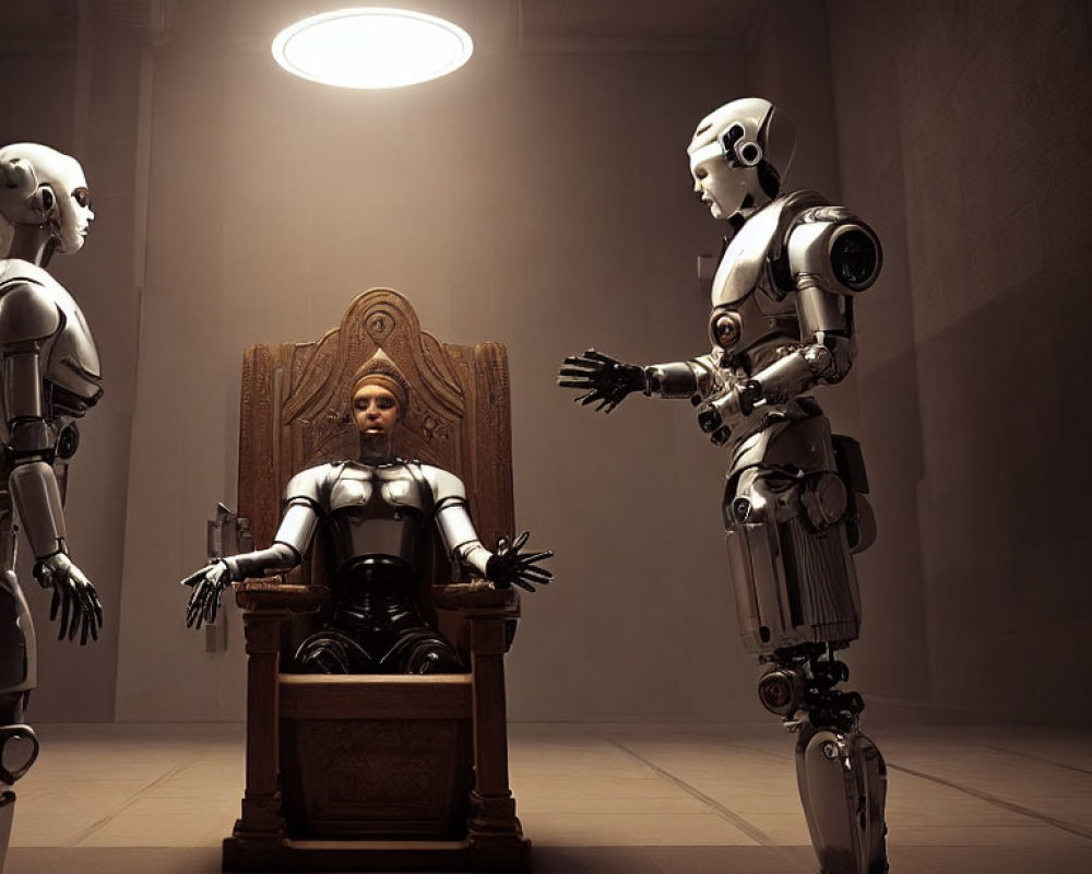 Person on Throne Chair with Two Robots in Dimly Lit Room