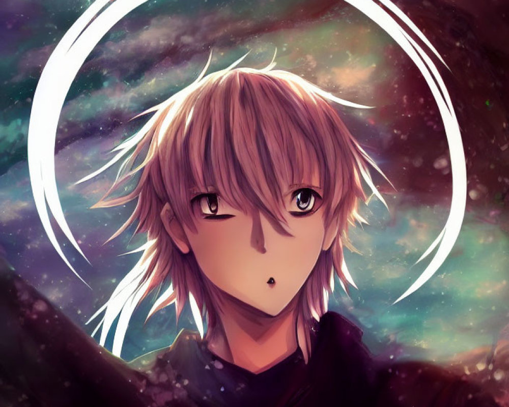 Silver-haired anime character with purple eyes in cosmic setting