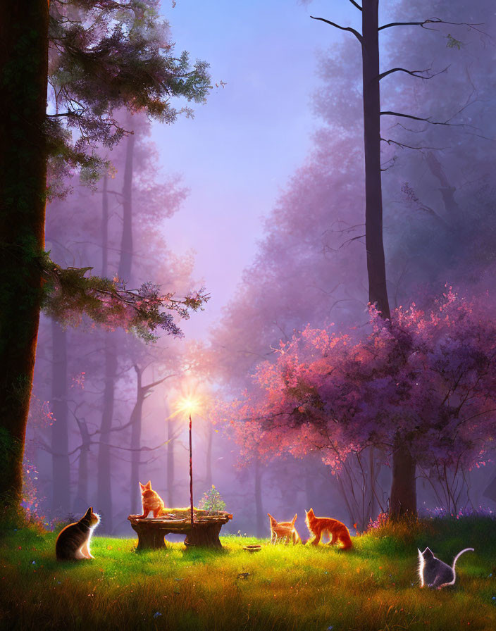 Enchanting forest scene with glowing lamp post and five cats in vibrant pink and purple foliage